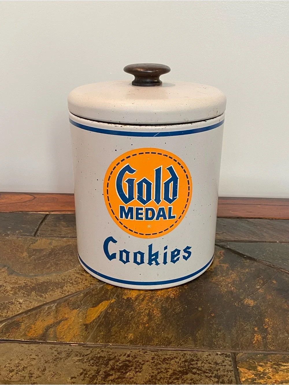 Vintage Gold Metal White & Blue Tin Cookie Jar Canister